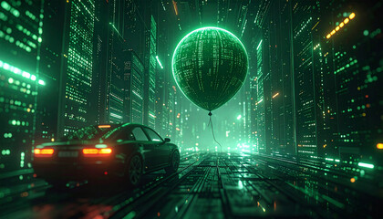 Futuristic car driving through a cyberpunk city, tied to a glowing green balloon with digital matrix code patterns.
