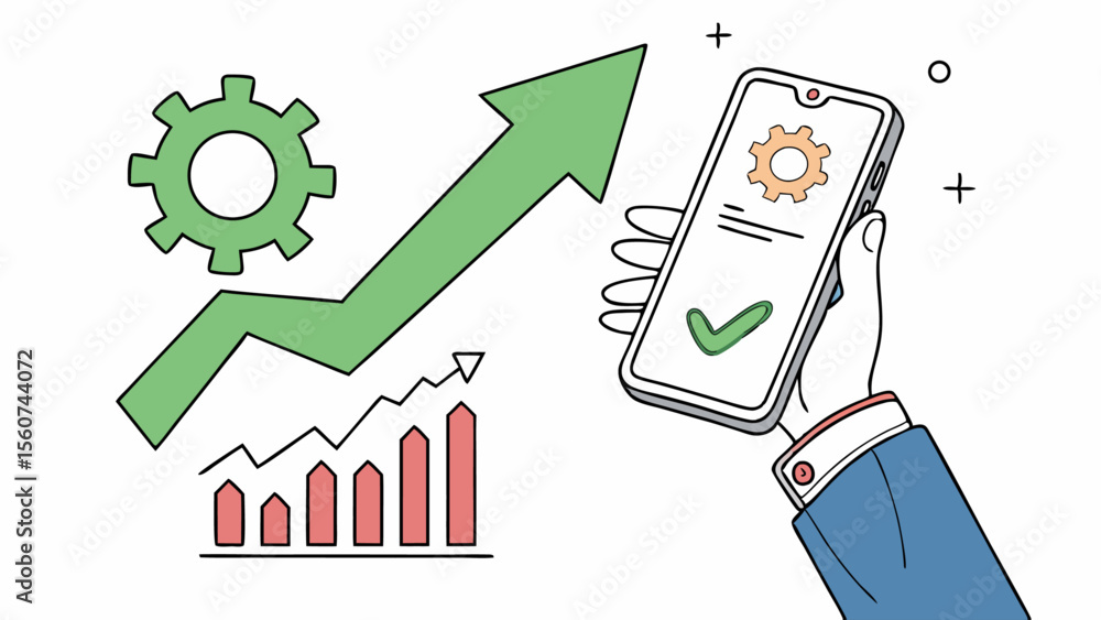 Aufkleber rising charts and settings displayed on a mobile device, indicating business growth and successful m