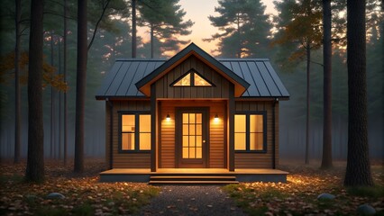 Tiny home in the forest at sunset with lights on inside cozy, modern eco-living. High quality Jpg 
