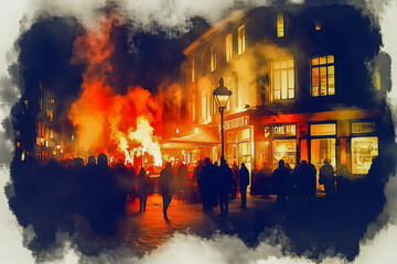 Modern urban street scene, with people smoking cigarettes outside a café or bar, surrounded by city lights and graffiti