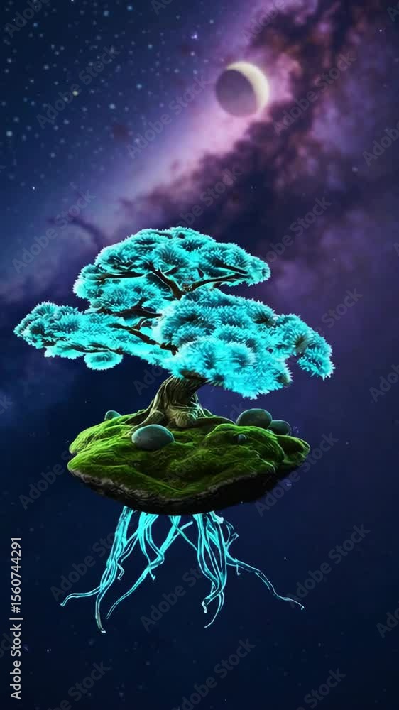 Poster glowing bonsai tree floating in space