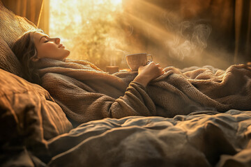 Morning routine with a person enjoying their first cup of coffee or tea, with sunlight streaming in