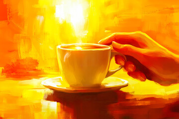 Morning routine with a person enjoying their first cup of coffee or tea, with sunlight streaming in