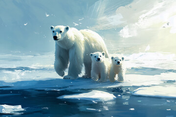 Mother polar bear with her cubs, walking across the ice floes in the Arctic
