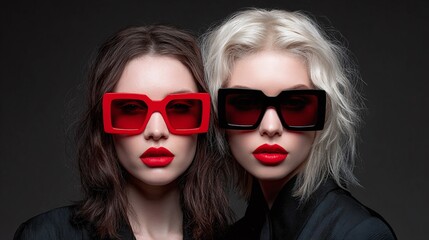 Two models showcase oversized eyewear with bold red lenses, enhanced by vivid red lipstick, set against a dark backdrop for striking contrast.