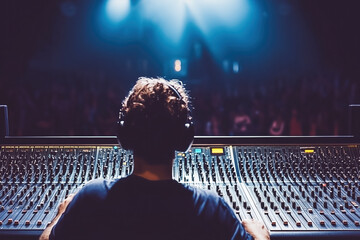 Music producer sitting at a large mixing console, adjusting levels and tweaking settings