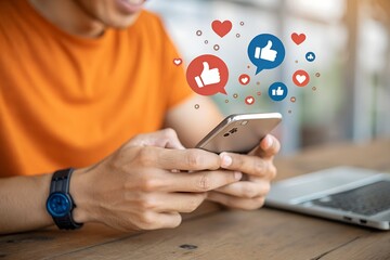 A person interacting with their smartphone, engaging in social media, surrounded by icons representing likes and expressions. The setting includes a wooden table and a casual outfit in a natural envir