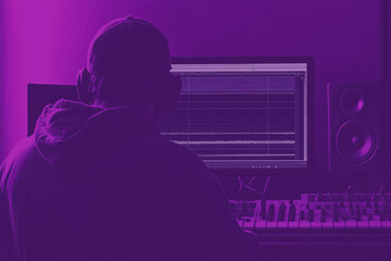 Music producer teaching a tutorial, with a computer screen displaying a DAW and instructional notes