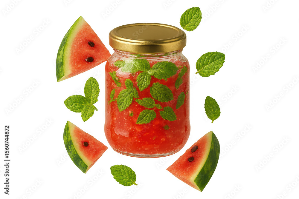 Poster refreshing watermelon mint drink in a jar with slices, isolated on transparent background