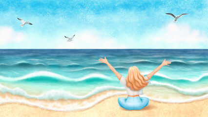 Seascape. Blue sky and sea. Sand coast. Rear view of joyful sitting girl raised her hands up