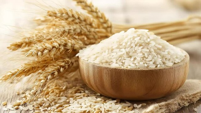 A wooden bowl filled with white rice sits beside wheat stalks and grains on a wooden surface.