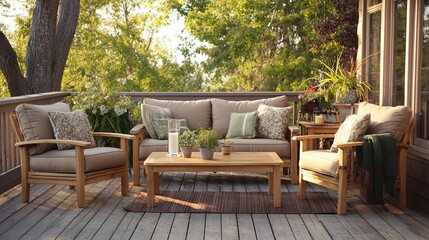 Fototapeta premium Outdoor furniture on deck. Relaxation and comfort with a sofa, chairs, and table. A sunny day invites peaceful lounging.