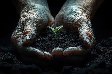 Baby Plant Emerging from Soil in Aged Wrinkled Hands. Floral Background