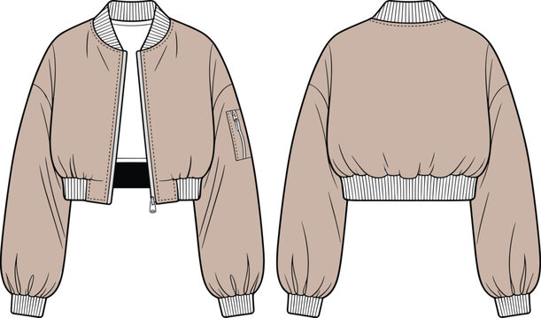Cropped bomber jacket technical flat sketch for women’s outerwear design, ribbed hem zip-up fashion illustration, vector mockup for sewing