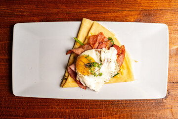 Ham and egg on a crepe