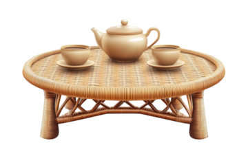 A quiet morning tea ceremony for two on a woven wicker table inviting conversation and serene on transparent background