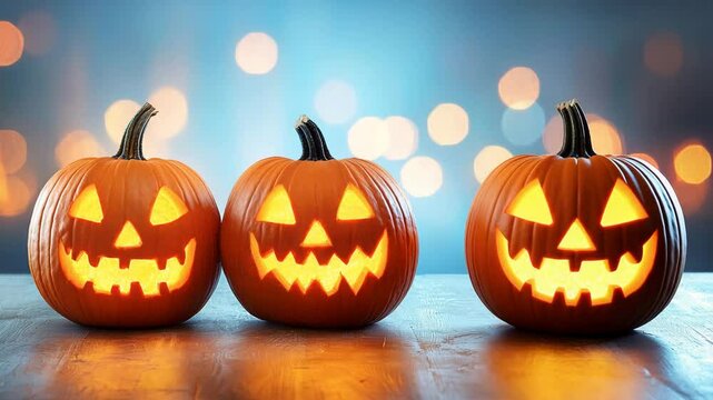 Halloween background. Two glowing jack-o'-lantern pumpkins with carved faces sit side by side on a wooden surface against a blurred festive background.