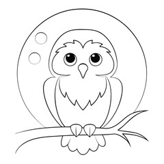 Cartoon Owl Illustration On Branch With Moon Outline For Coloring Page on a white background.