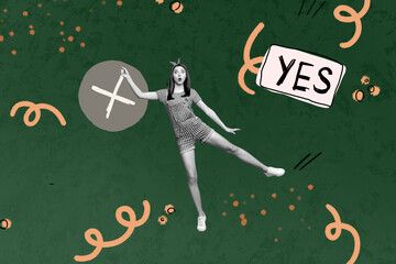 Composite art 3d creative image collage of happy businesswoman man dance yes keypad approval...