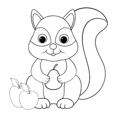 Cute Squirrel Coloring Page Holding Acorn With Apples For Childrenon a white background.
