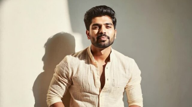 Smiling young South Asian man with dimples, wearing a light-colored shirt, standing against a neutral background, celebrating Dimples Day..