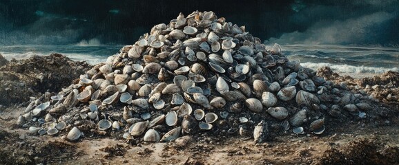 A large pile of seashells rests on the shoreline (1)