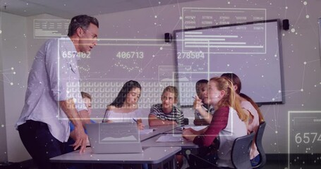 Instructor opening laptop in classroom and presenting animated data overlays for engaging students - Powered by Adobe