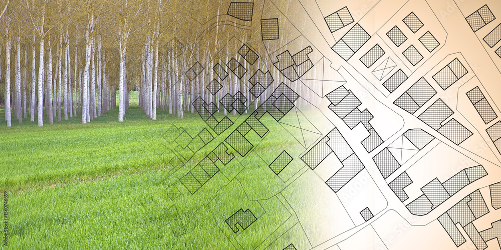 Poster imaginary topographic cadastral map and land parcels of territory with trees on background and build