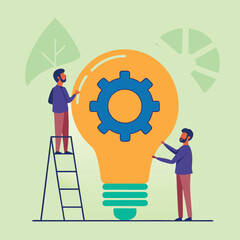 Men working on giant lightbulb idea flat design illustration
