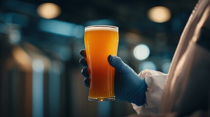 Craft beer in a tall glass held by a gloved hand, showcasing brewing perfection.