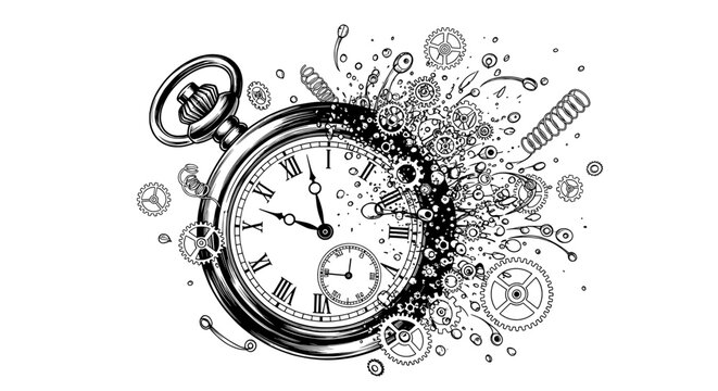 Exploding Clock &ndash; Surreal Black and White Time Explosion Art
