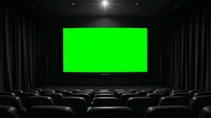Green screen on dark movie theater with empty seats ready for film viewing. Green screen is visible on screen in cinema, illuminated with projector beam, surrounded by black curtains. Slow zoom in