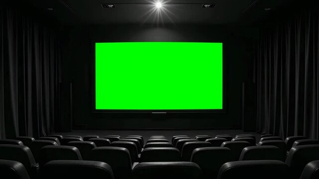 Green screen on dark movie theater with empty seats ready for film viewing. Green screen is visible on screen in cinema, illuminated with projector beam, surrounded by black curtains. Slow zoom in