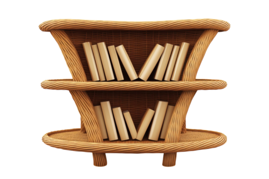 A handcrafted wicker bookshelf brimming with treasured novels showcasing a love of reading and on transparent background