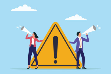 Vector illustration of two business people announcing a warning message through a megaphone while standing next to a large warning sign, emphasizing urgent alert and communication

