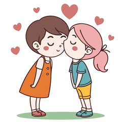 Cute cartoon girl giving a sweet kiss to another girl surrounded by hearts