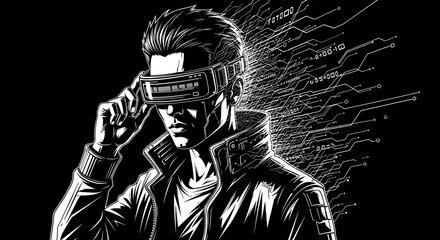 Cyberpunk Man with Visor – Futuristic Tech Noir Character Portrait
