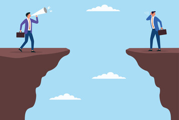 Vector illustration of a businessman standing on top of a mountain making an announcement through a megaphone, while another businessman listens from the other side, symbolizing distant communication
