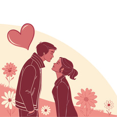 Young couple in love sharing a tender moment surrounded by flowers and a heart