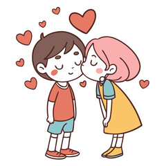 Cute cartoon girl kissing boy on cheek with hearts floating around them