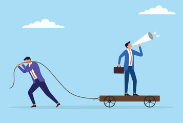 Vector illustration of a businessman standing on a trolley making an announcement while being pulled by another businessman with a rope, symbolizing collaboration and communication
