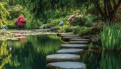 Close-up of perfectly arranged white round stones in the shape of a stepping path leading to water, surrounded by lush greenery and plants in a serene garden setting