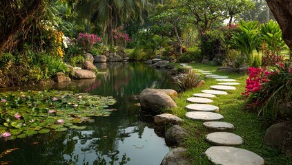 Close-up of perfectly arranged white round stones in the shape of a stepping path leading to water, surrounded by lush greenery and plants in a serene garden setting