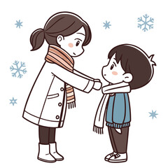 Caring sister helps her younger brother put on a warm scarf in winter