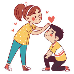 Young girl gently touching boy s head with hearts symbolizing affection and care