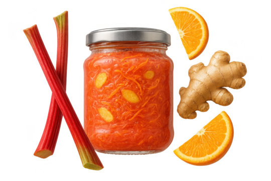 Rhubarb orange ginger jam and ingredients, isolated on transparent background.