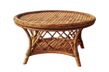 A cozy wicker coffee table reminiscent of sunny porch afternoons perfect for relaxing with a on transparent background