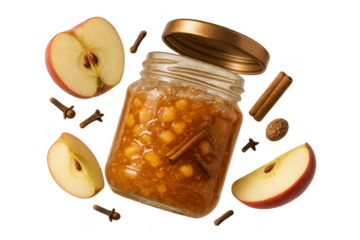 Apple jam in jar with fresh apples, spices isolated on transparent background.