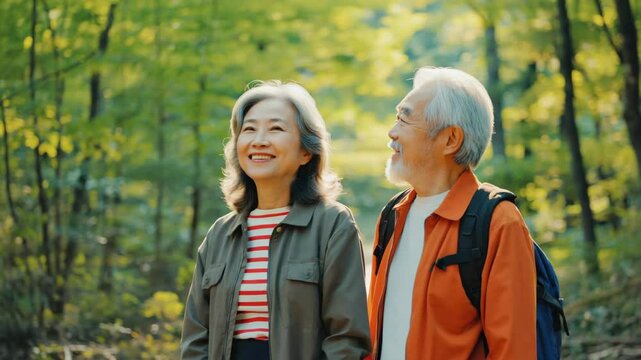 Couple enjoys nature walk in vibrant forest during sunny day