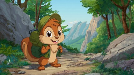 Naklejka premium Small squirrel child hiker on mountain trail